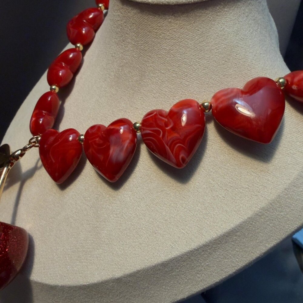 Cherry Necklace Red Heart Bead Statement Necklace Gold Tone Drop - Picture 8 of 11